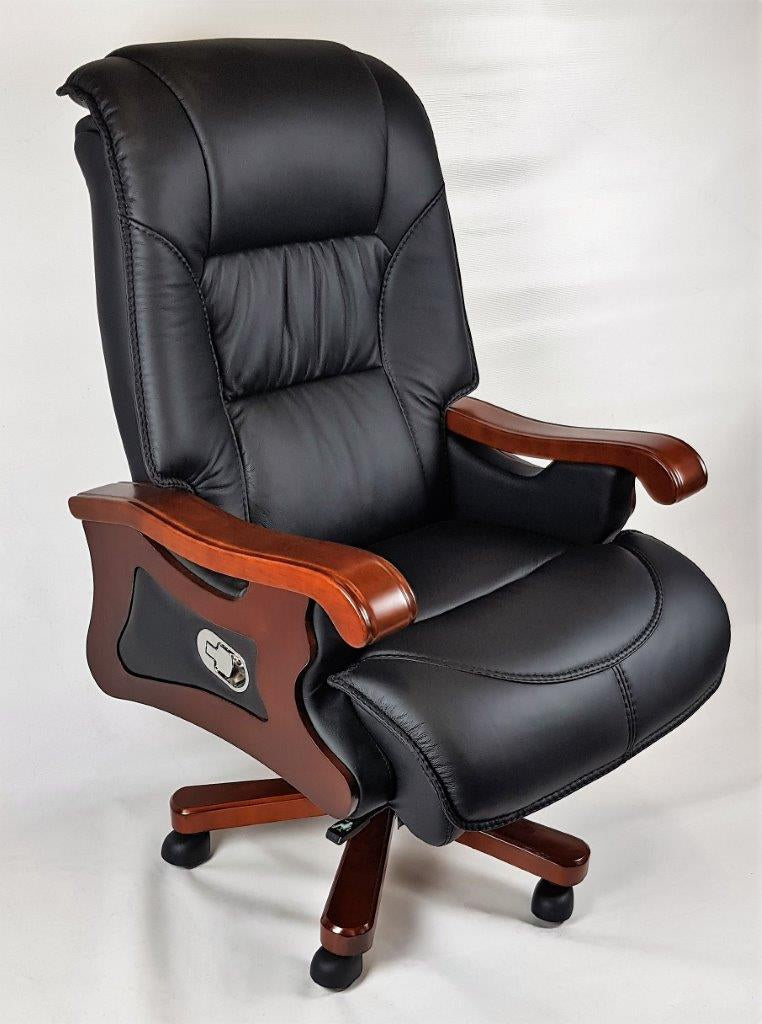 Large Executive Black Leather Office Chair with Wooden Arms - SZ-A766