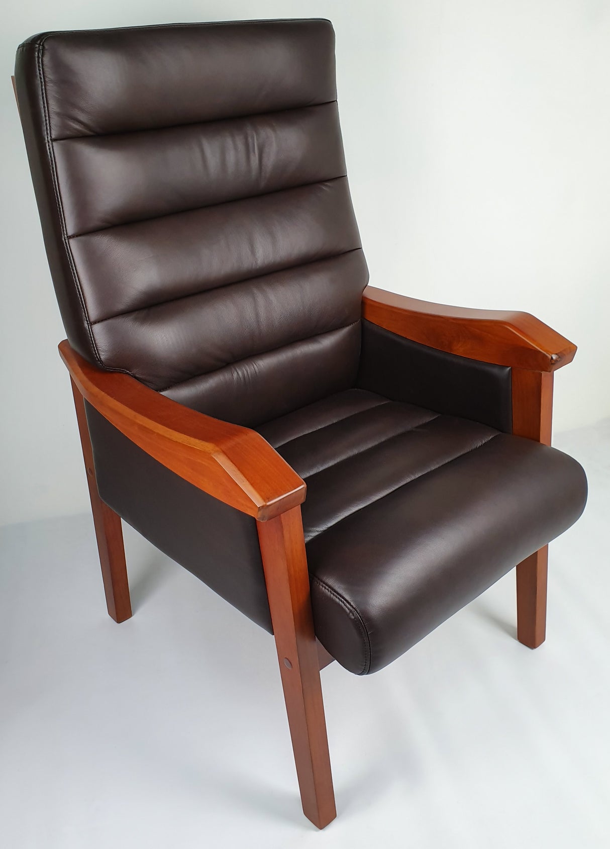 Brown Genuine Leather Visitor Chair with Teak Frame - CHA-FK8C