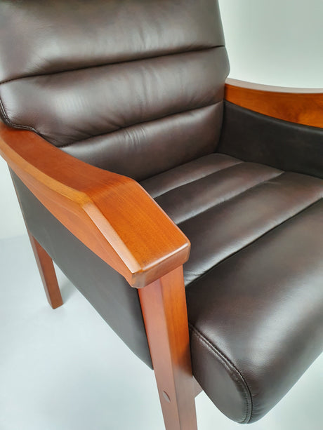 Brown Genuine Leather Visitor Chair with Teak Frame - CHA-FK8C