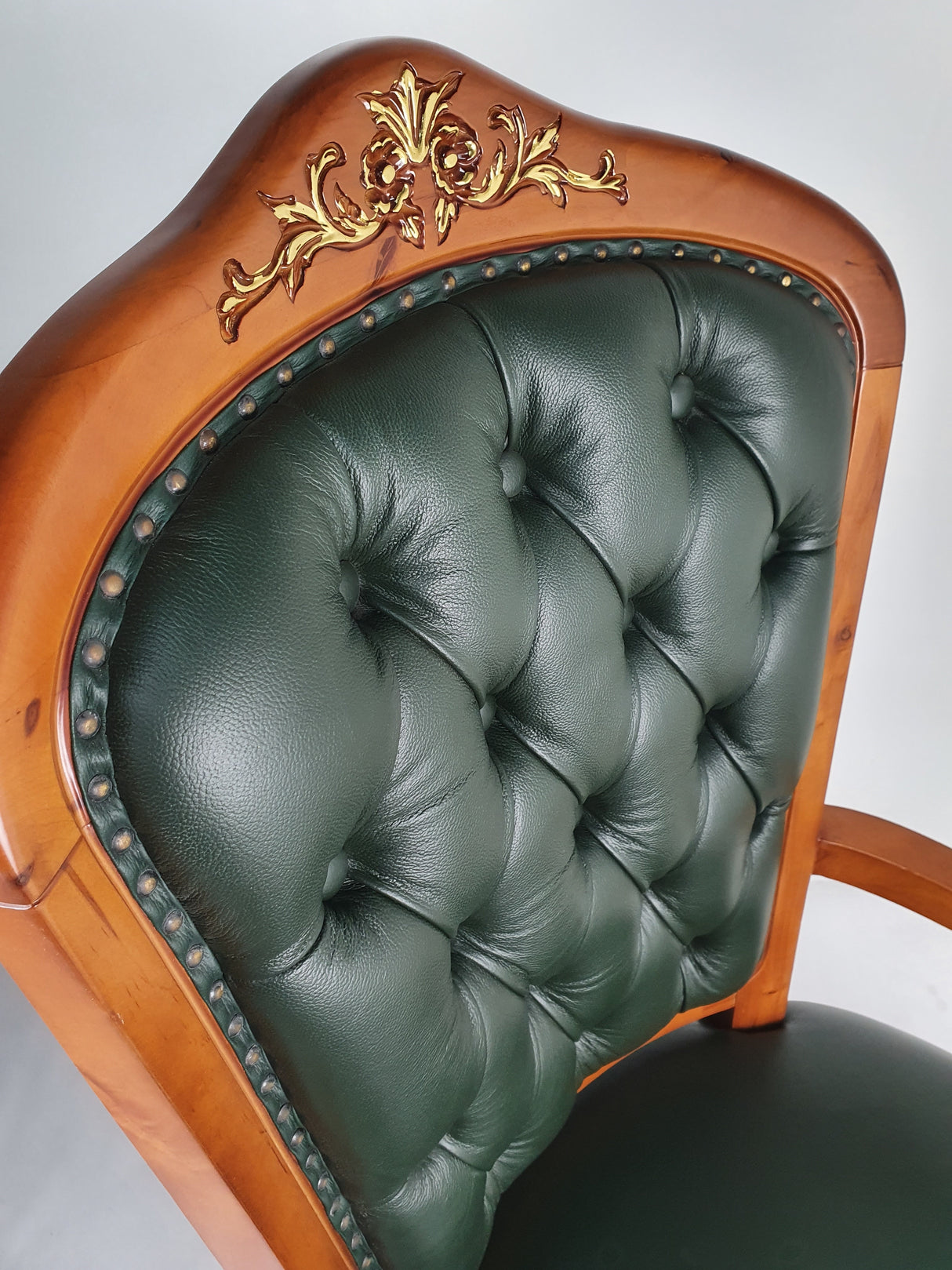 Solid Wood Frame High Back Real Green Leather Chesterfield Captains Chair - HSN-CPT-02