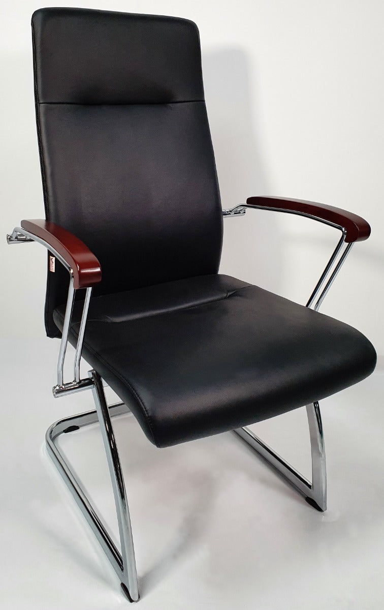 Black Leather Visitor Chair with Wood Arms - JL565C