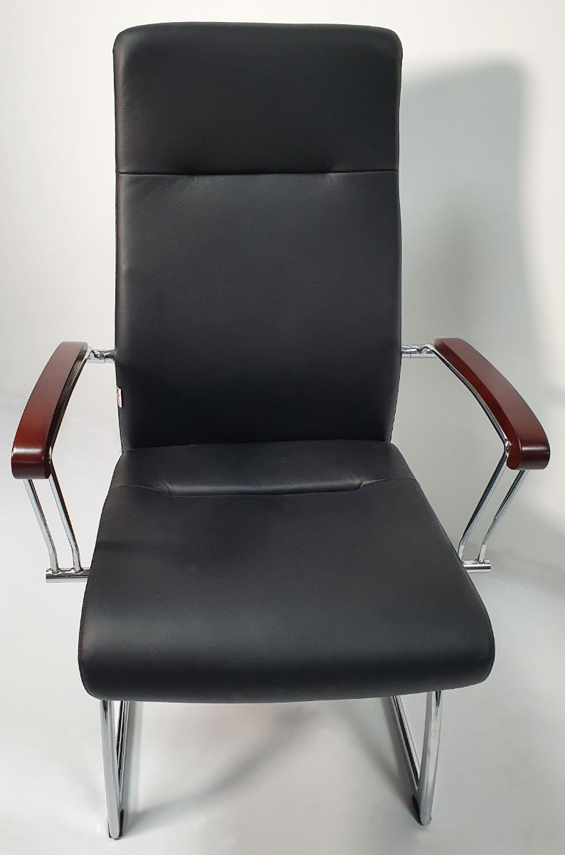 Black Leather Visitor Chair with Wood Arms - JL565C