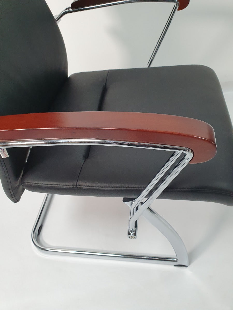 Black Leather Visitor Chair with Wood Arms - JL565C