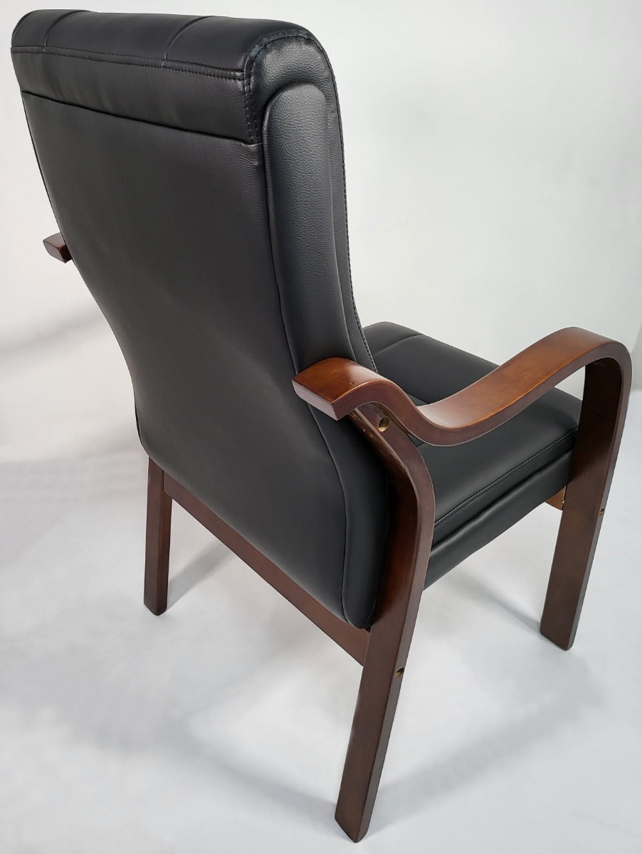 Black Leather Meeting Chair with Walnut Veneered Arms - C48