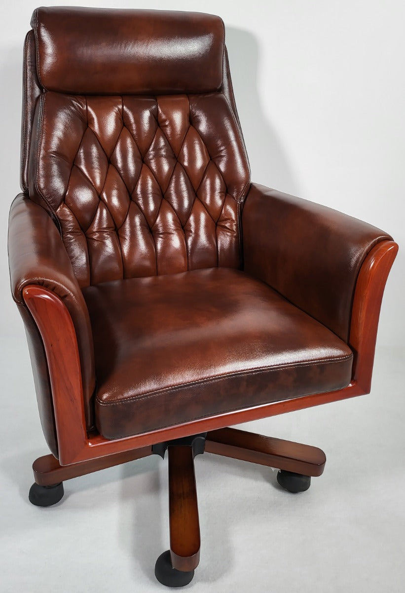 Traditional Genuine Hide Brown Leather Chesterfield Executive Office Chair - KW-6603