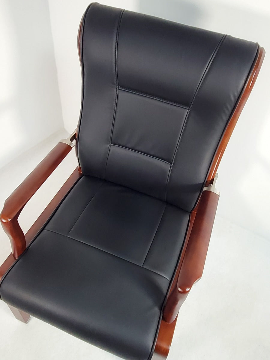 Luxury Black Leather Visitor Chair with Walnut Frame - DES-549