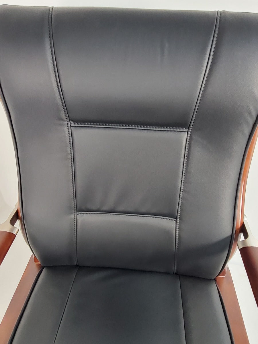 Luxury Black Leather Visitor Chair with Walnut Frame - DES-549