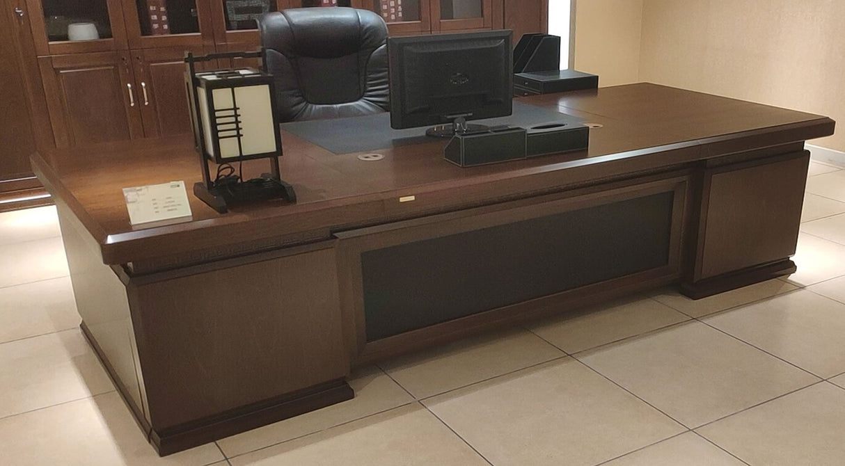 Large Executive Office Desk Real Wood Veneer With Black Leather - 2200mm / 2400mm / 2600mm / 2800mm - 3P241