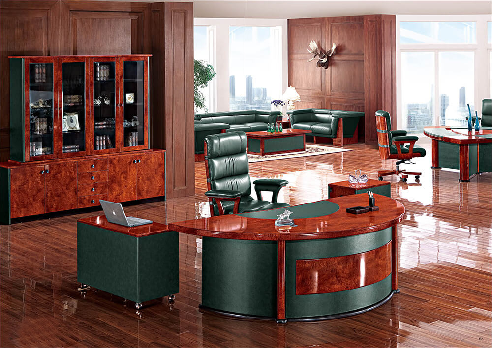 Gloss Walnut and Green Leather Curved Executive Office Desk - With Pedestal and Return - 2400mm - 6833