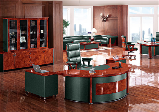 Gloss Walnut and Green Leather Curved Executive Office Desk - With Pedestal and Return - 2400mm - 6833