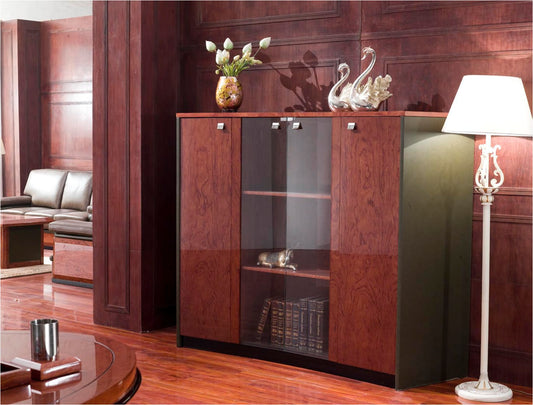 Walnut Gloss & Olive Leather Executive Cabinet with Glass Doors - 2020mm - 6865T