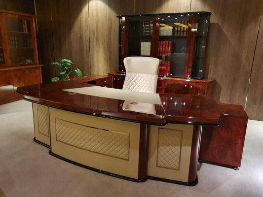Luxury Executive Desk Gloss Walnut with Cream Leather - 2600mm - G8028