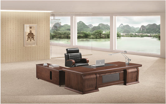 Large Executive Office Desk with Black Leather Detailing - with Pedestal and Return - 2200mm or 2400mm - 7H241K