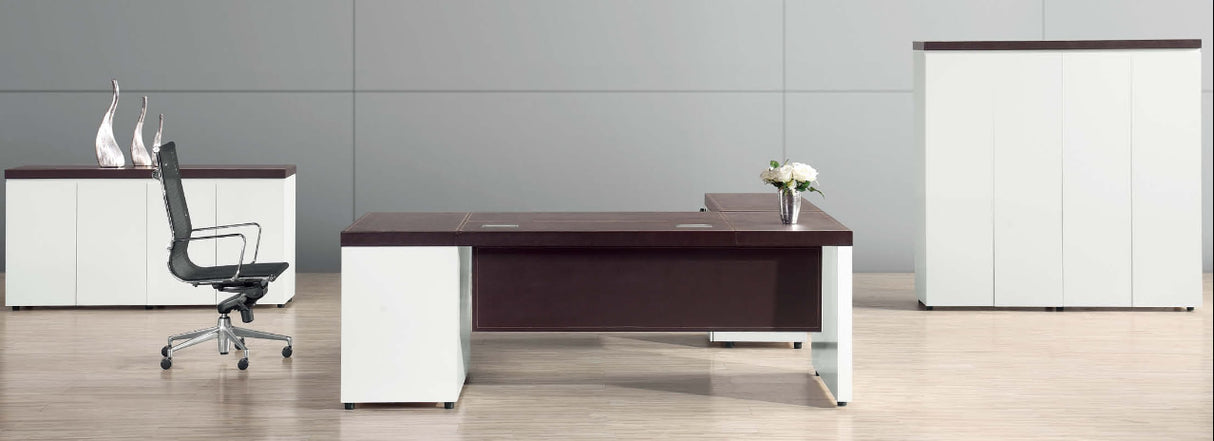 White High Gloss L Shape Executive Desk with Black Bonded Leather Top - 2000mm - T1361