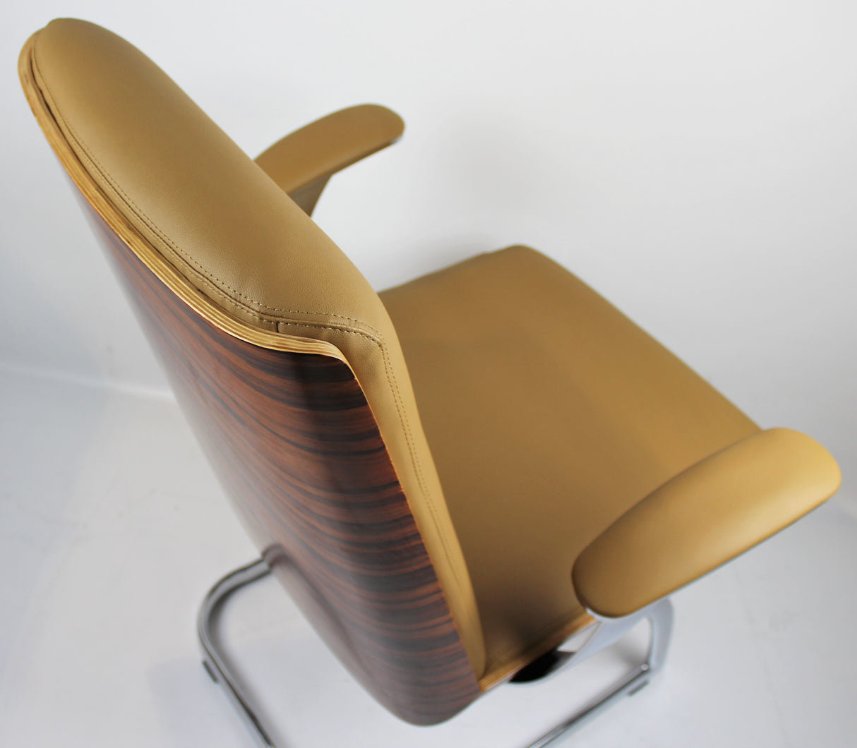 Beige Leather Chair with Walnut Veneer Shell - CHA-1205C