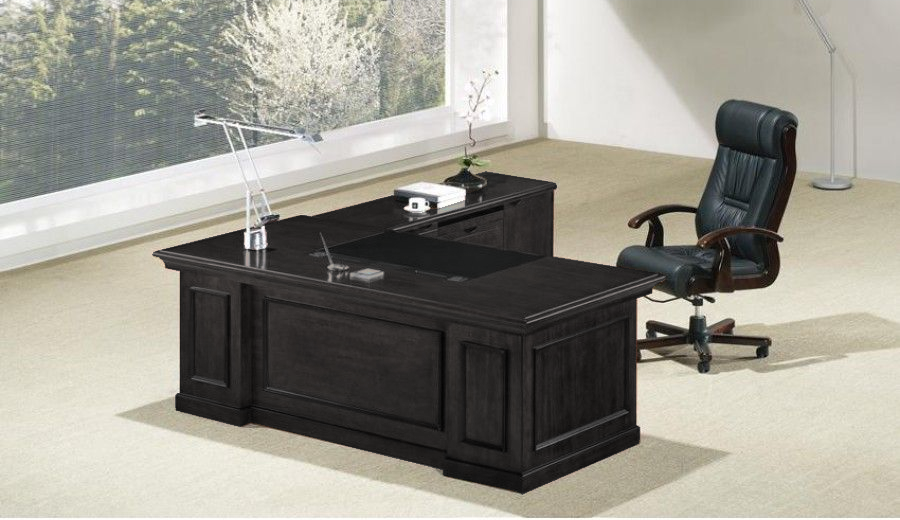 Stunning Black Ash Real Wood Veneer Executive Office Desk With Pedestal & Return - 1600mm - L3F-UG163