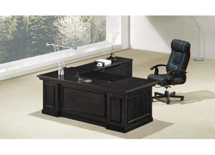 Stunning Black Ash Real Wood Veneer Executive Office Desk With Pedestal & Return - 2000mm - L3F-UG203