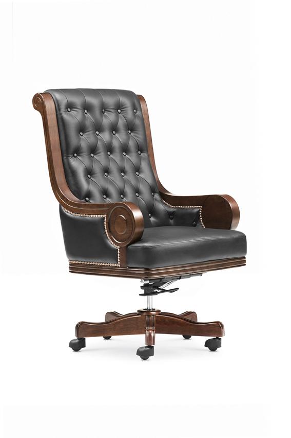 Black Genuine Leather Executive Chesterfield Office Chair with Walnut Arms - CHA-F97A1