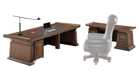Large Light Walnut Real Wood Veneer Executive Office Desk Unique Roll Top Design - With Pedestal and Return - 2400mm to 3200mm - K5J281