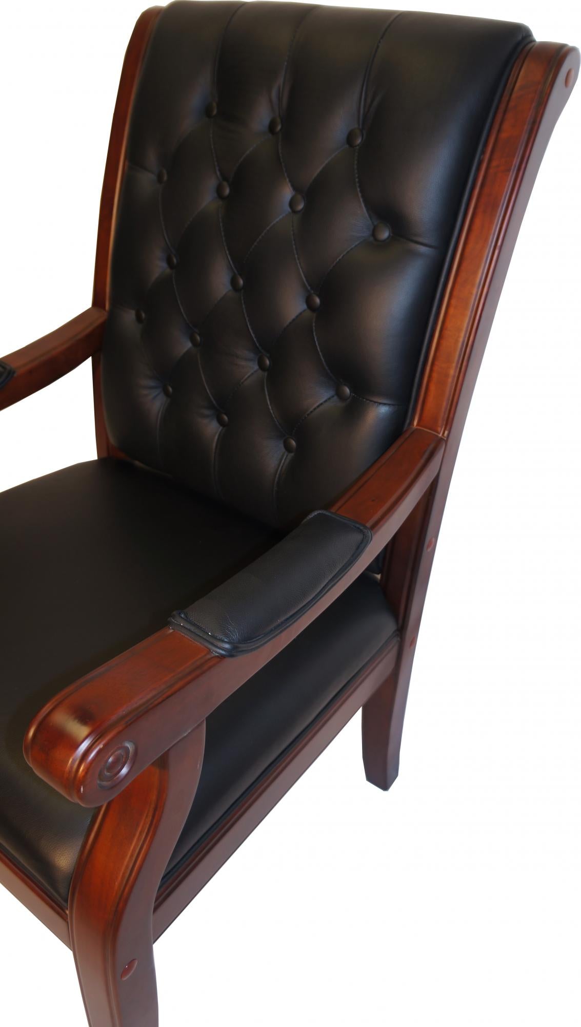 Chesterfield Black Genuine Leather Visitor Chair with Walnut Arms - GRA-F55C-1