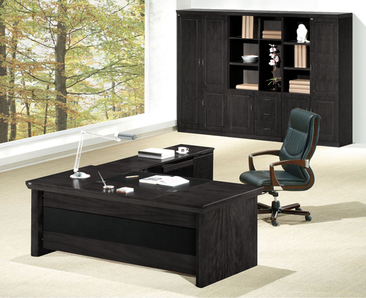 Stunning Black Ash Real Wood Veneer Executive Office Desk With Pedestal & Return - 1800mm - L3F-U57183