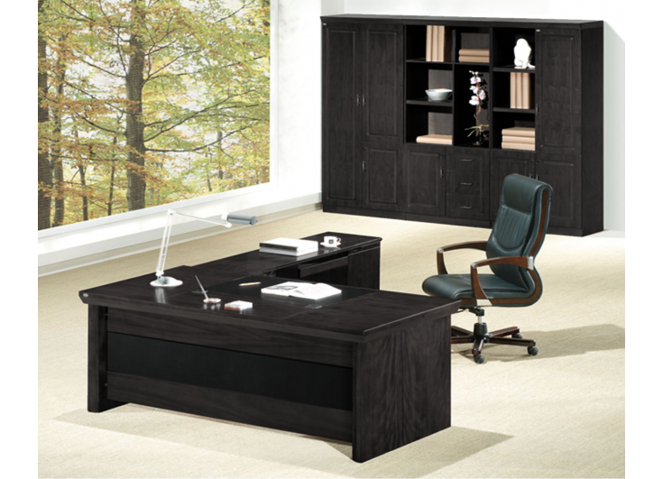 Stunning Black Ash Real Wood Veneer Executive Office Desk With Pedestal & Return - 2000mm - L3F-U57203