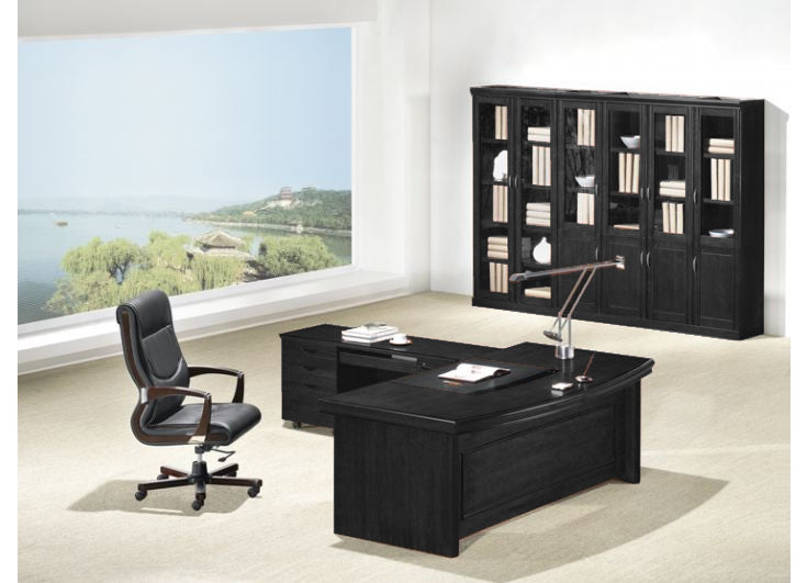 Stunning Black Ash Real Wood Veneer Executive Curved Office Desk With Pedestal & Return - 1800mm - L3F-U37182