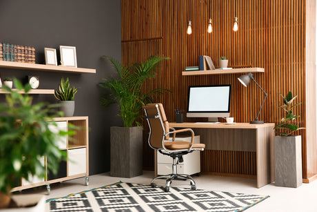 Home office with jazzy rug and plants