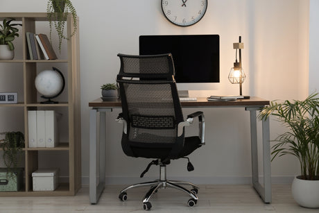 Home office desk with chair and shelf