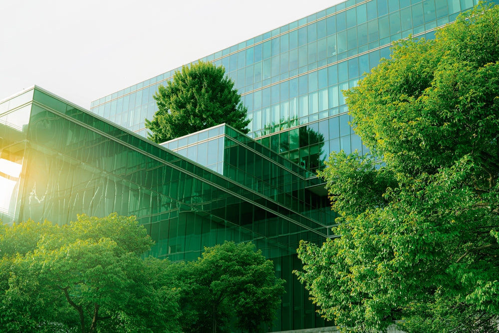 Beautitful glass office building with trees