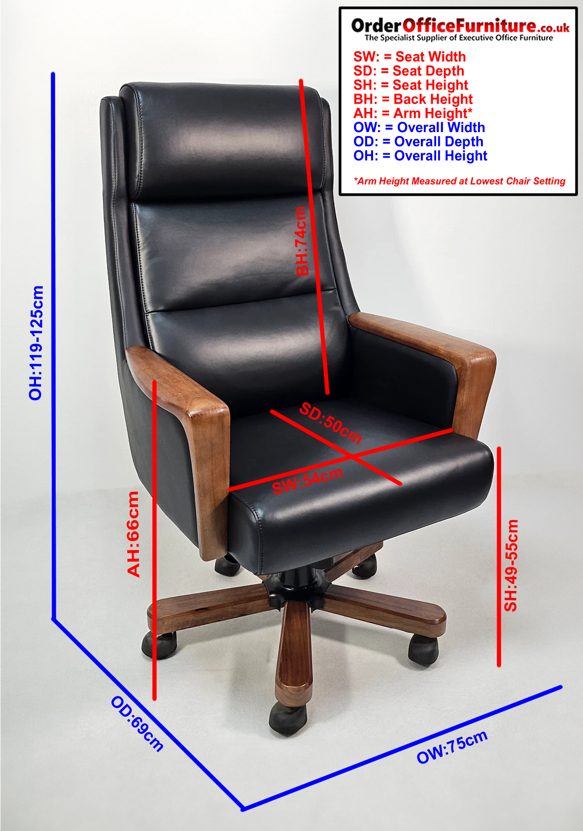 Black Genuine Leather Executive Office Chair with Real Wood Veneer Arms - 2002A