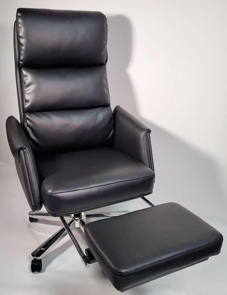 Black Leather Executive Office Chair with Built in Footrest - HB-256A