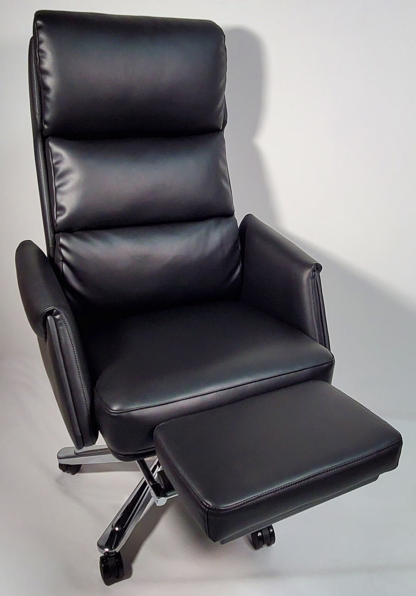Black Leather Executive Office Chair with Built in Footrest - HB-256A
