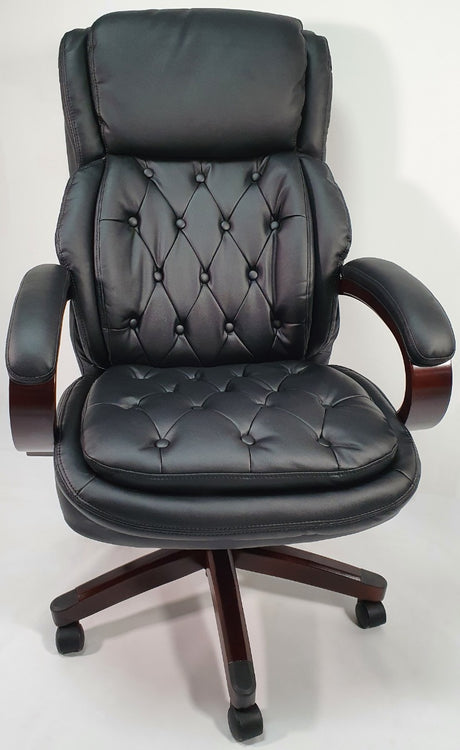 Chesterfield Design Black Leather Executive Office Chair with Mahogany Arms - 2027E