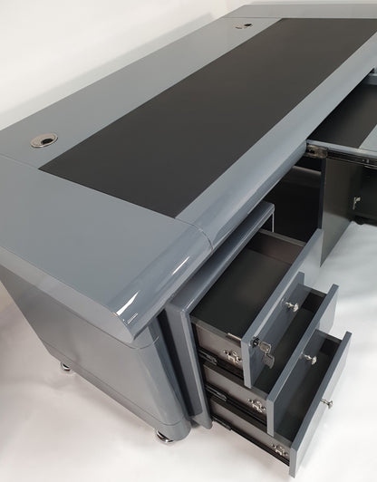Grey Gloss Executive Office Desk with Pedestal and Return - 1600mm - 1861
