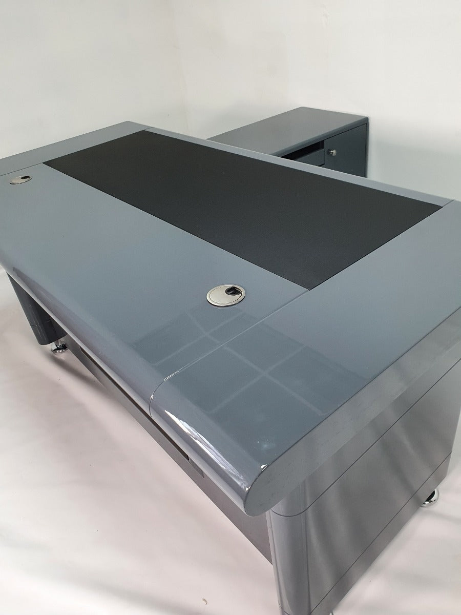 Grey Gloss Executive Office Desk with Pedestal and Return - 1600mm - 1861