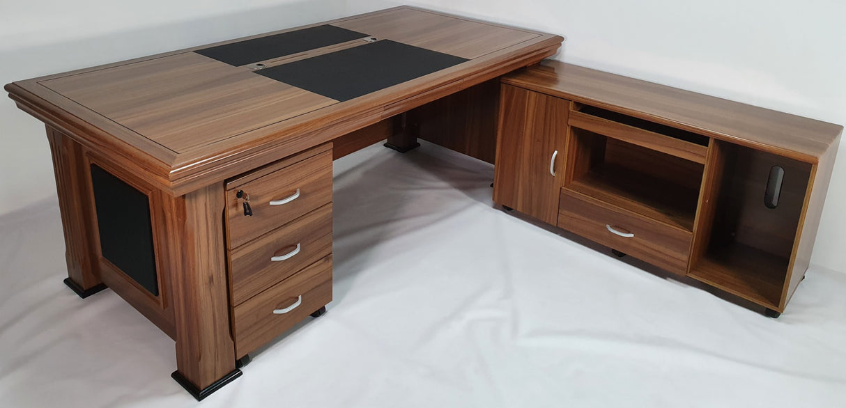 Light Oak Executive Desk With Leather Detailing - With Pedestal and Return - 2233