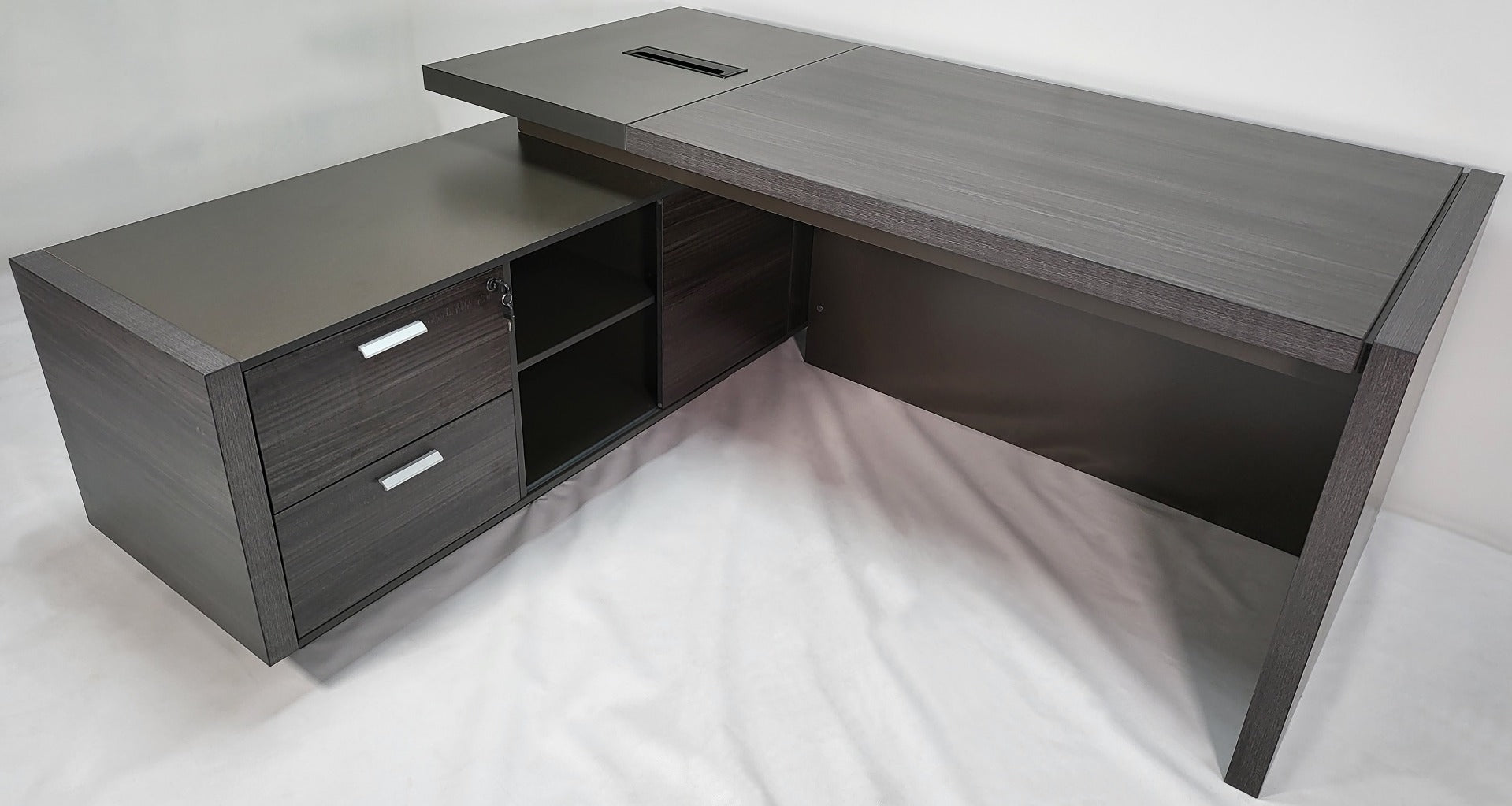 Gray desk with deals shelves