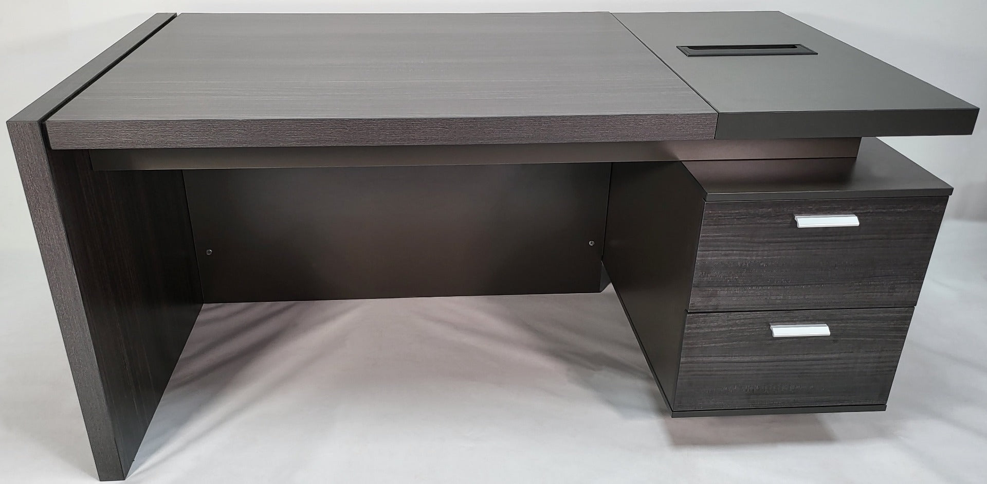 Grey wood desk with outlet drawers