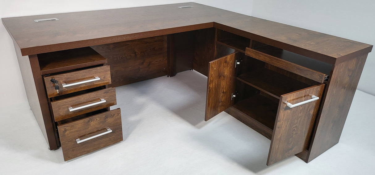 Dark Oak Executive Office Desk with Desk High Side Return and Pedestal - 2200mm - KW-8871