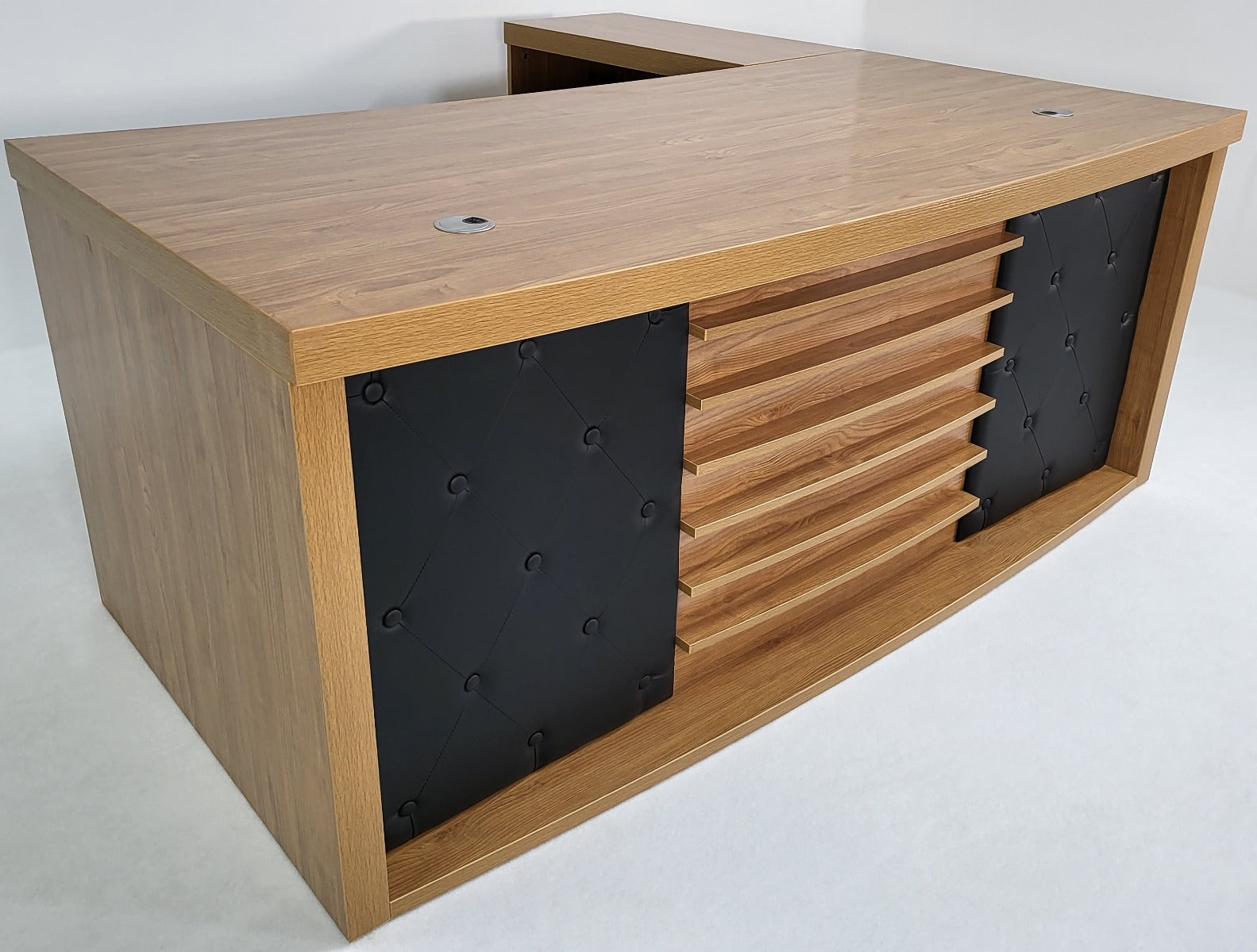 Modern Oak Executive Office Desk with Chesterfield Modesty Panel with Mobile Pedestal and Desk Level Return - 1800mm - 8692