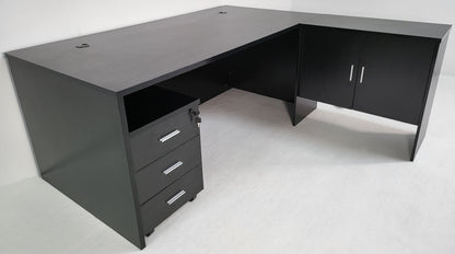 Modern Black Ash Executive Office Desk with Leather Panelling with Mobile Pedestal and Desk Level Return - 1800mm - 8690