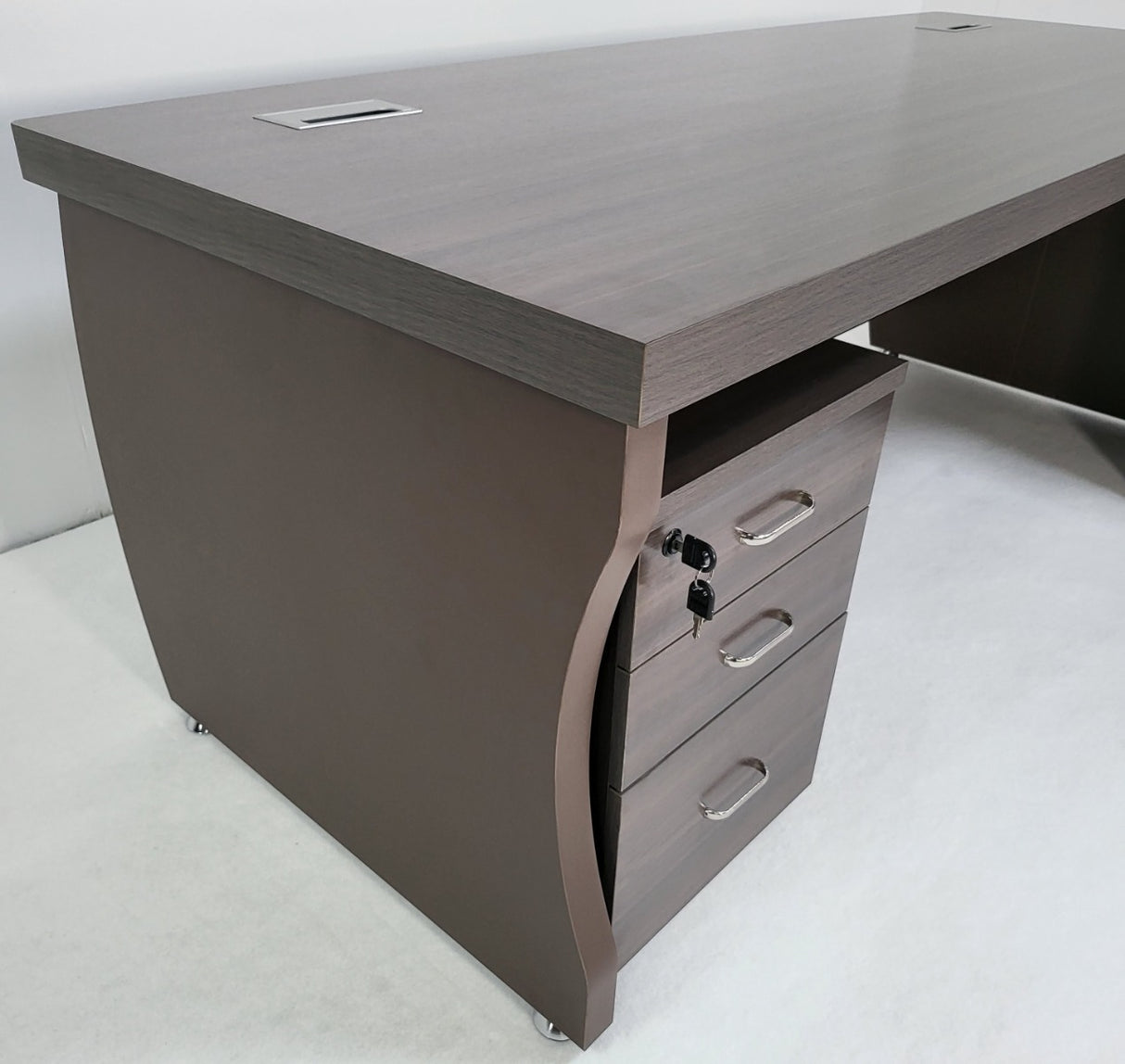 Modern Grey Oak Executive Office Desk with Pedestal and Desk Level Side Return - KW-8872-1800mm