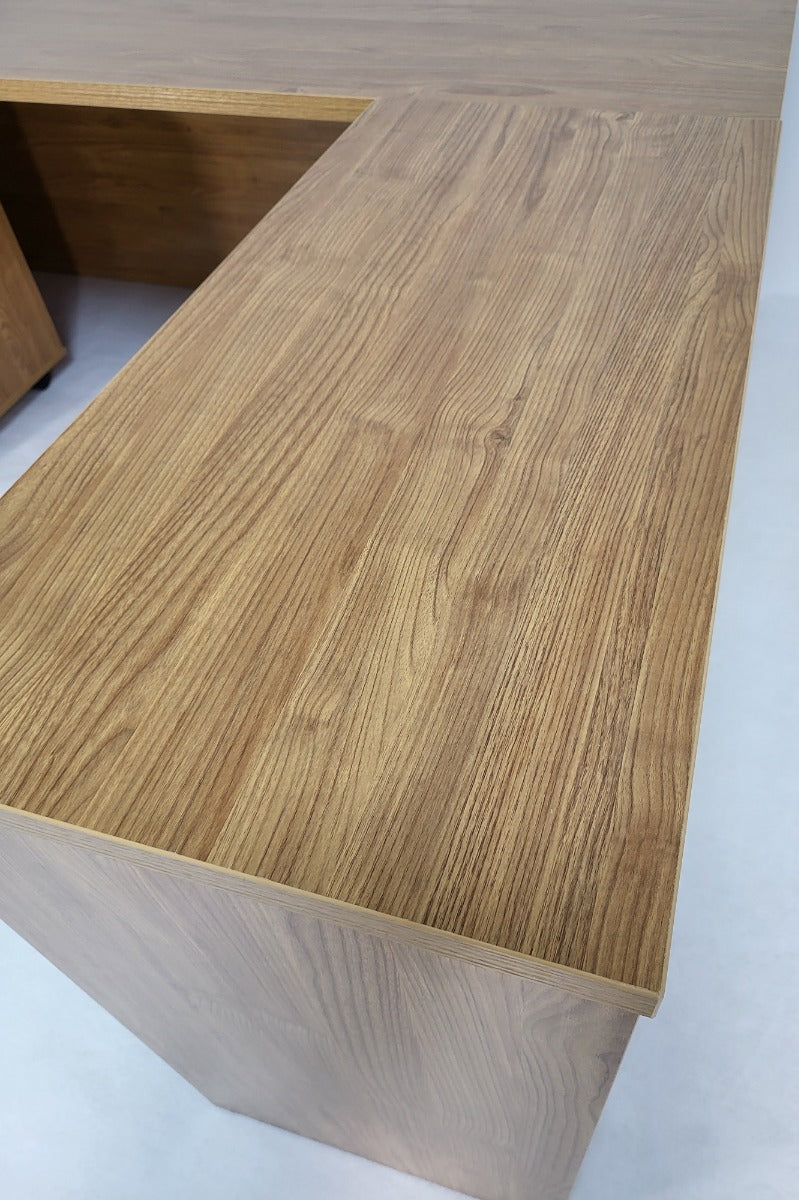 Modern Oak Executive Office Desk with Leather Panelling with Mobile Pedestal and Desk Level Return - 1800mm - 8690