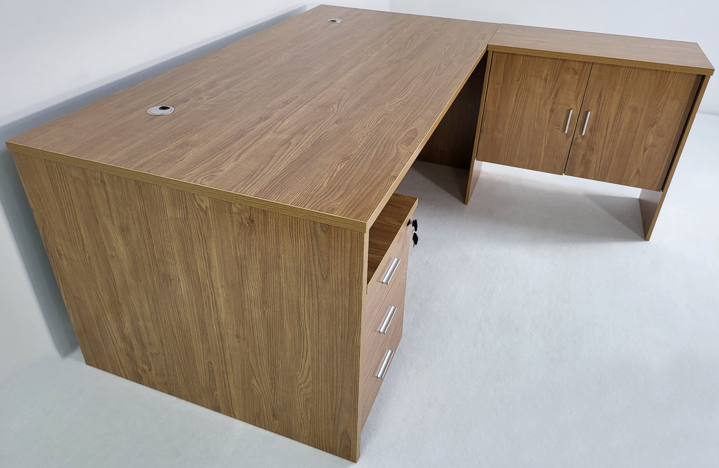Modern Oak Executive Office Desk with Leather Panelling with Mobile Pedestal and Desk Level Return - 1800mm - 8690