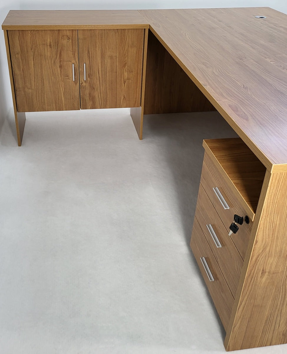 Modern Oak Executive Office Desk with Leather Panelling with Mobile Pedestal and Desk Level Return - 1800mm - 8690