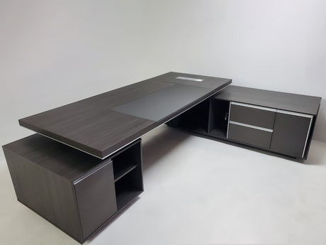 Large Modern Grey Oak Executive Office Desk with Integrated Cupboard and Return - BJS-D0128