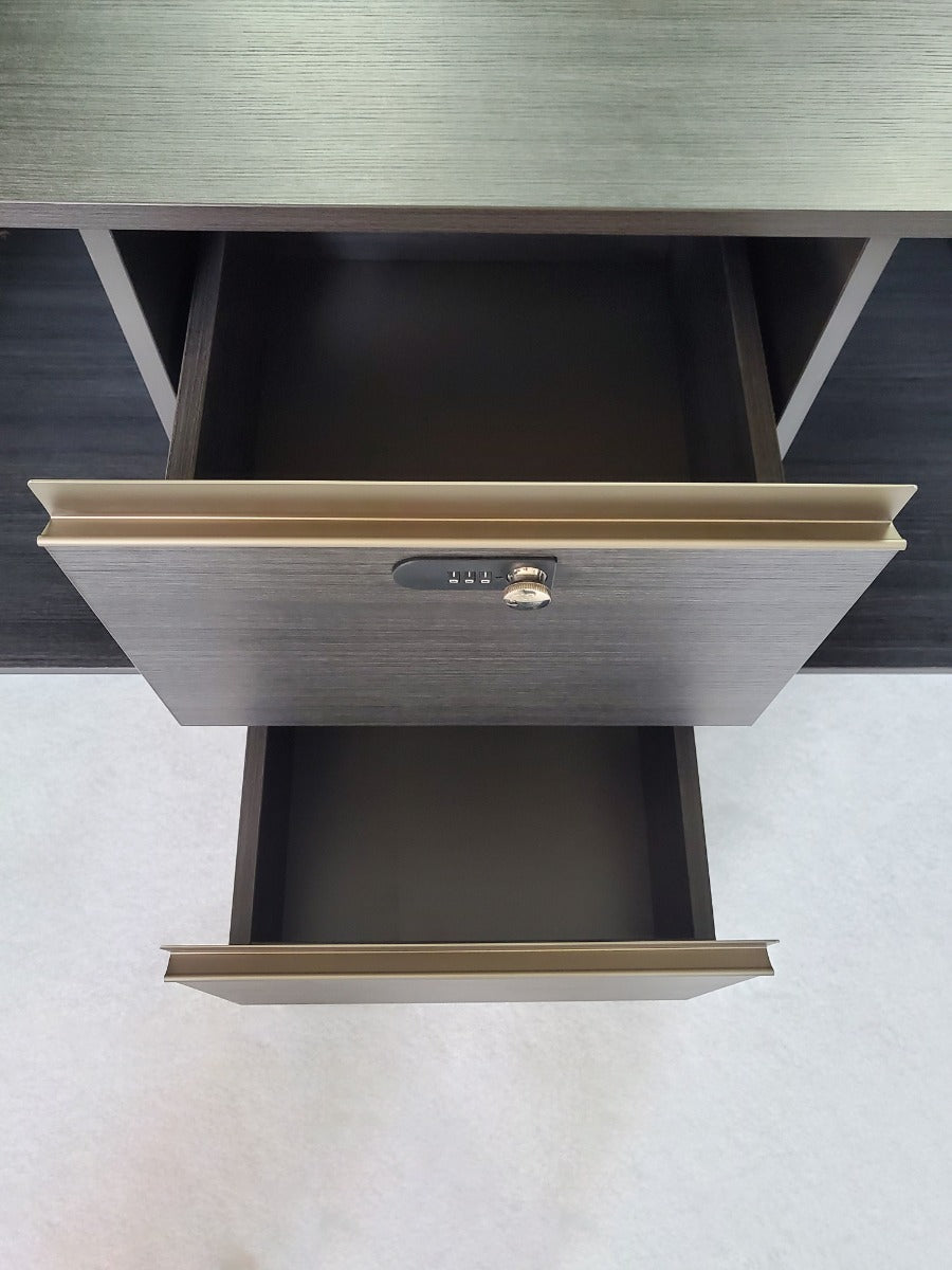 Large Modern Grey Oak Executive Corner Office Desk with Carbon Fibre and Brass Metal Edging - 2400mm / 2800mm / 3200mm - FP60-D01