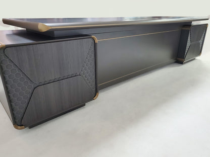 Large Modern Grey Oak Executive Corner Office Desk with Carbon Fibre and Brass Metal Edging - 2400mm / 2800mm / 3200mm - FP60-D01