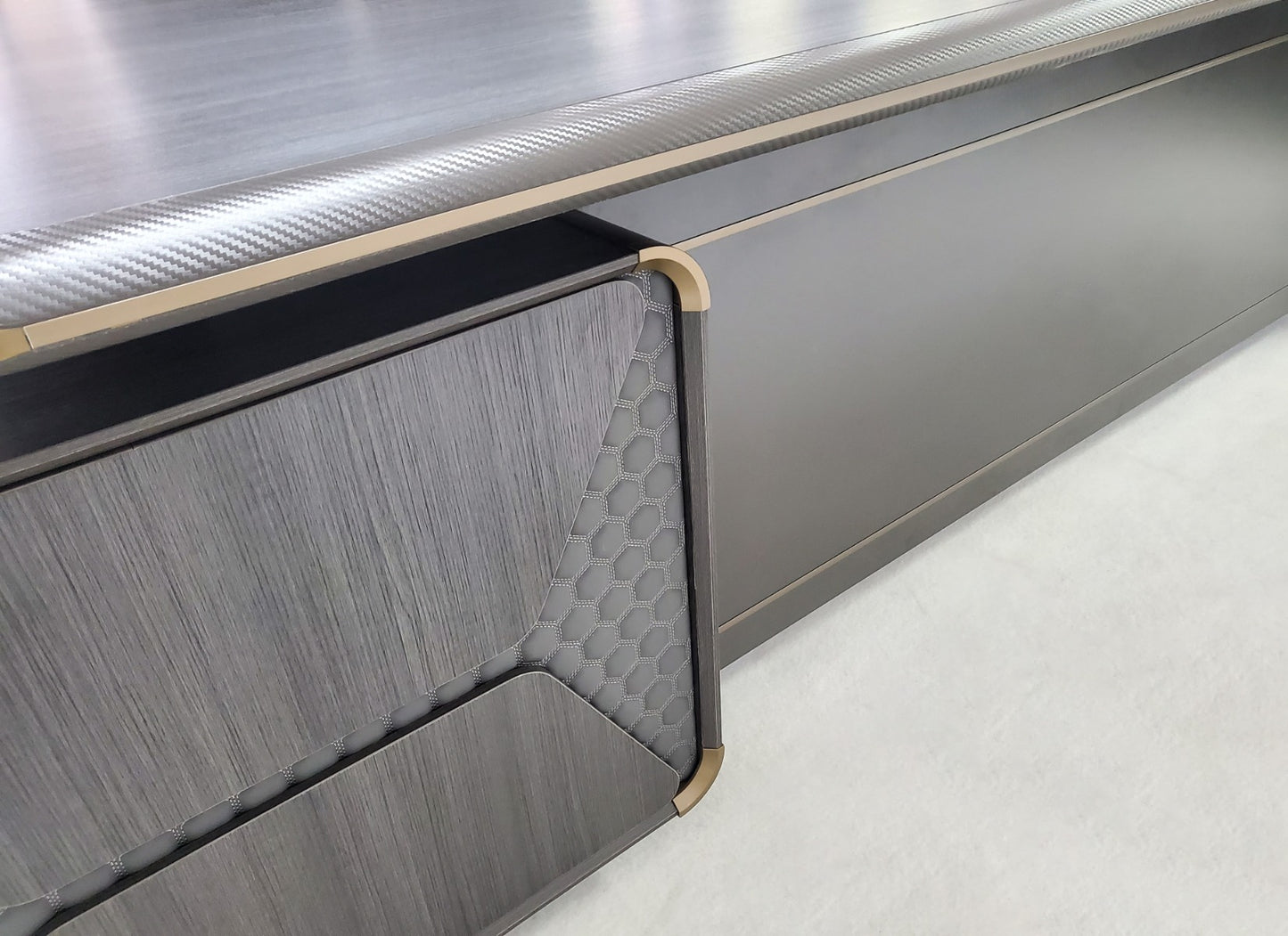 Large Modern Grey Oak Executive Corner Office Desk with Carbon Fibre and Brass Metal Edging - 2400mm / 2800mm / 3200mm - FP60-D01